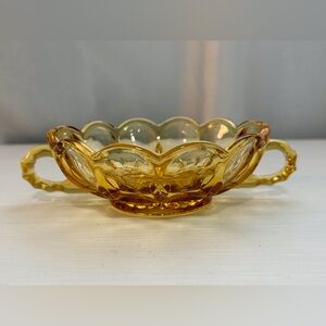 Vintage Amber Depression Glass Candy Dish Double Handle With Scalloped Rim
